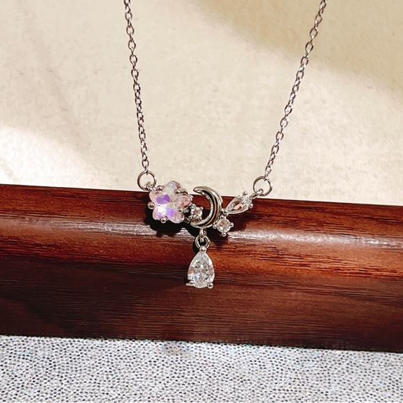 ✨ moon & pink star with dangle stone necklace - Picture 8 of 13